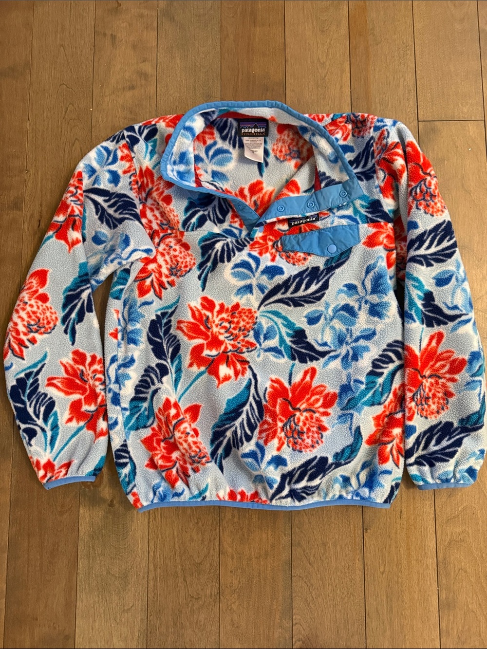 Patagonia Floral Snap-T Fleece Pullover - Sky Blue, Red & Navy